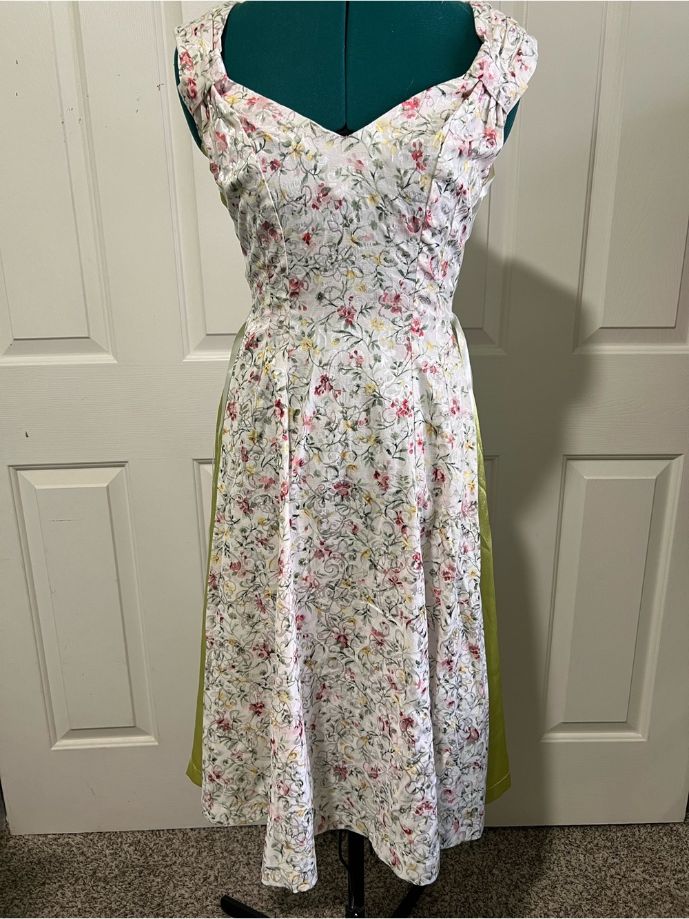 Bettie Page White Floral Midi Dress with Pink Flowers and Green Panels